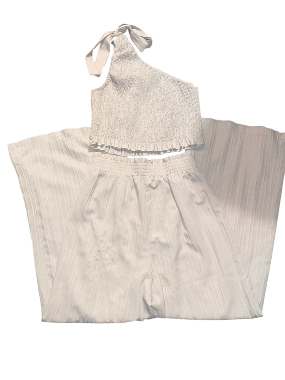 2 piece White Smocked One-Shoulder Crop Top and Wide Leg Pants Set